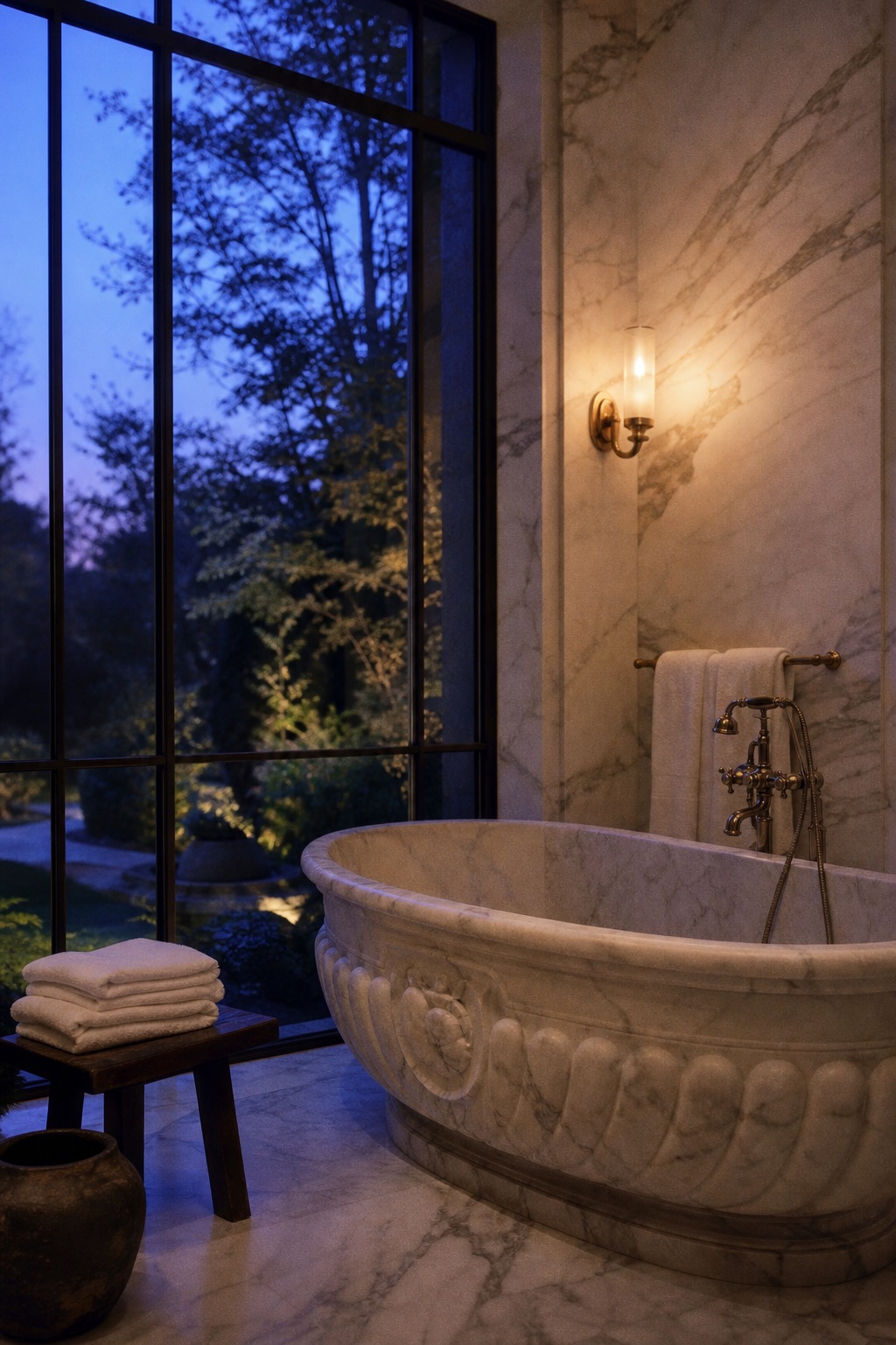 A carved stone bath beside a tall garden window at dusk, marble going violet in the evening light