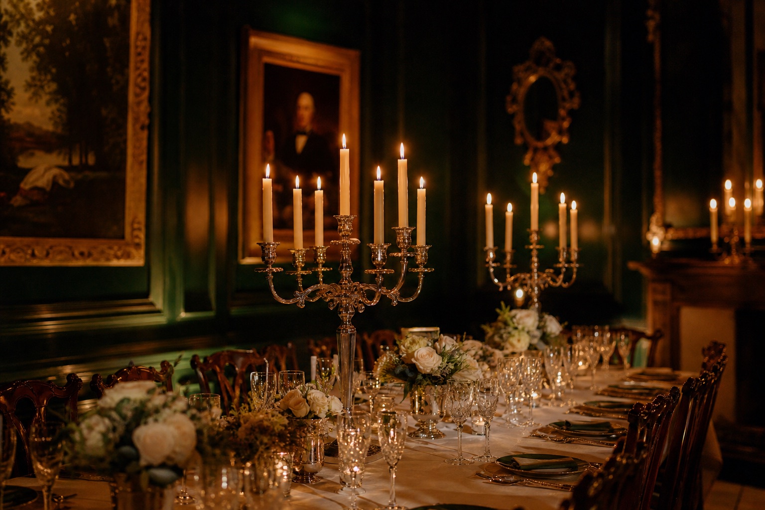 A formal dining room lit entirely by candlelight, silver candelabra on cream linen