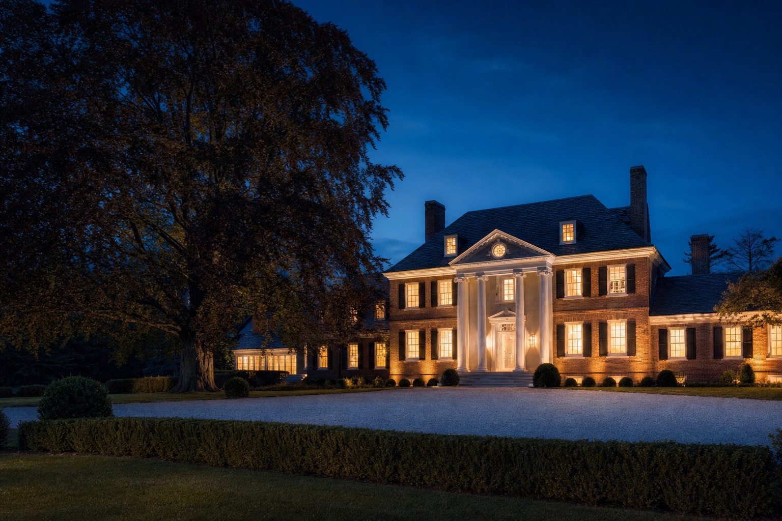 A brick Georgian estate at blue hour, every window lit, beneath a great copper beech