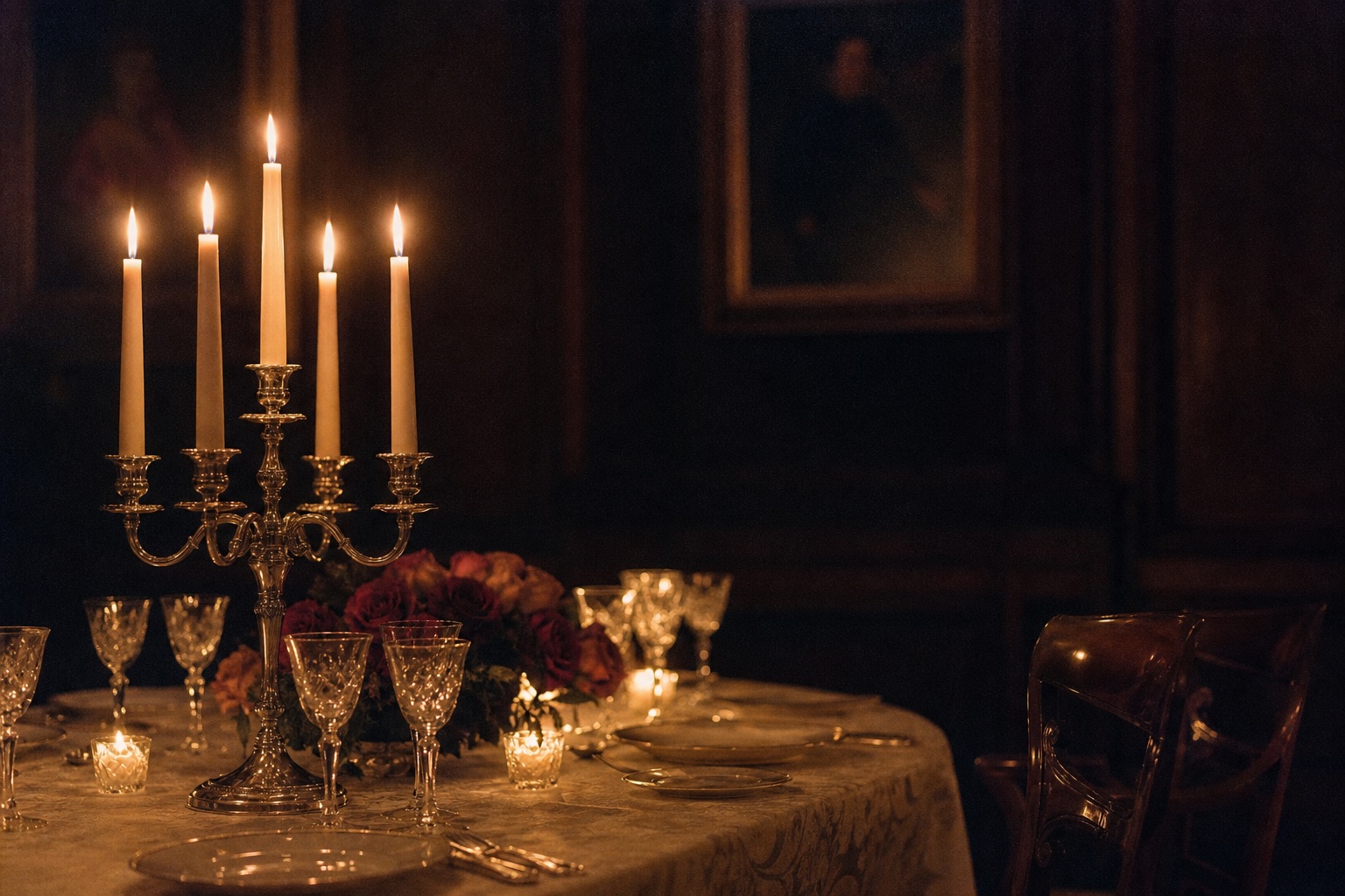One end of a long dinner table at night, lit only by taper candles in a silver candelabra